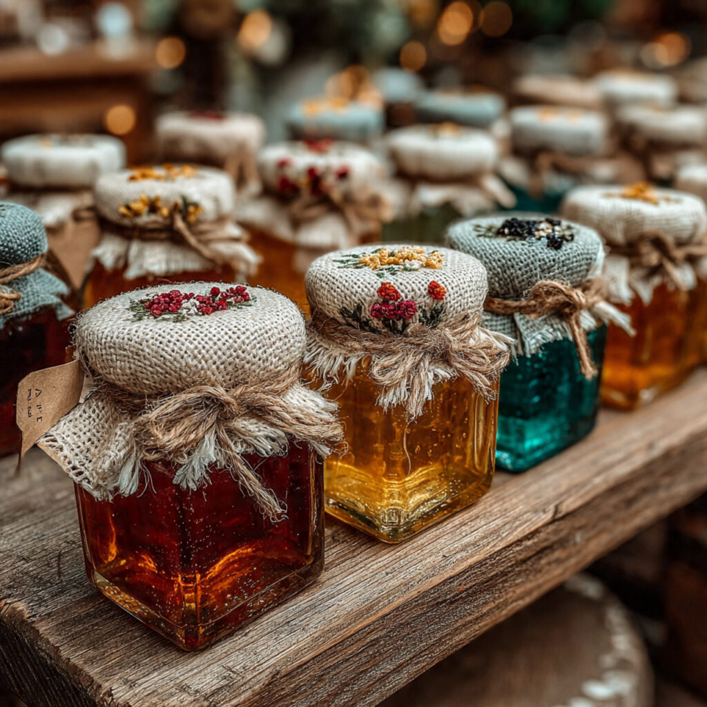a close up photo of small jam jars