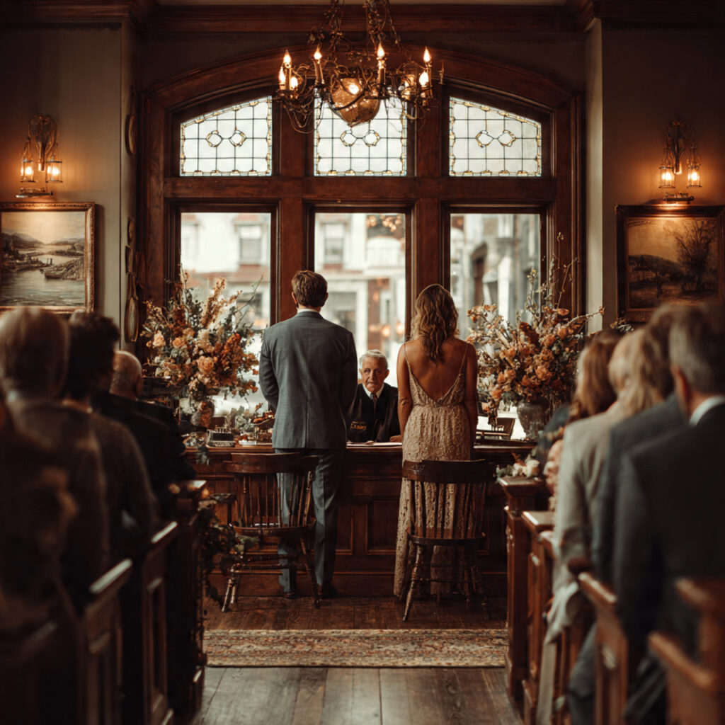 a courthouse wedding ceremony with couple standing
