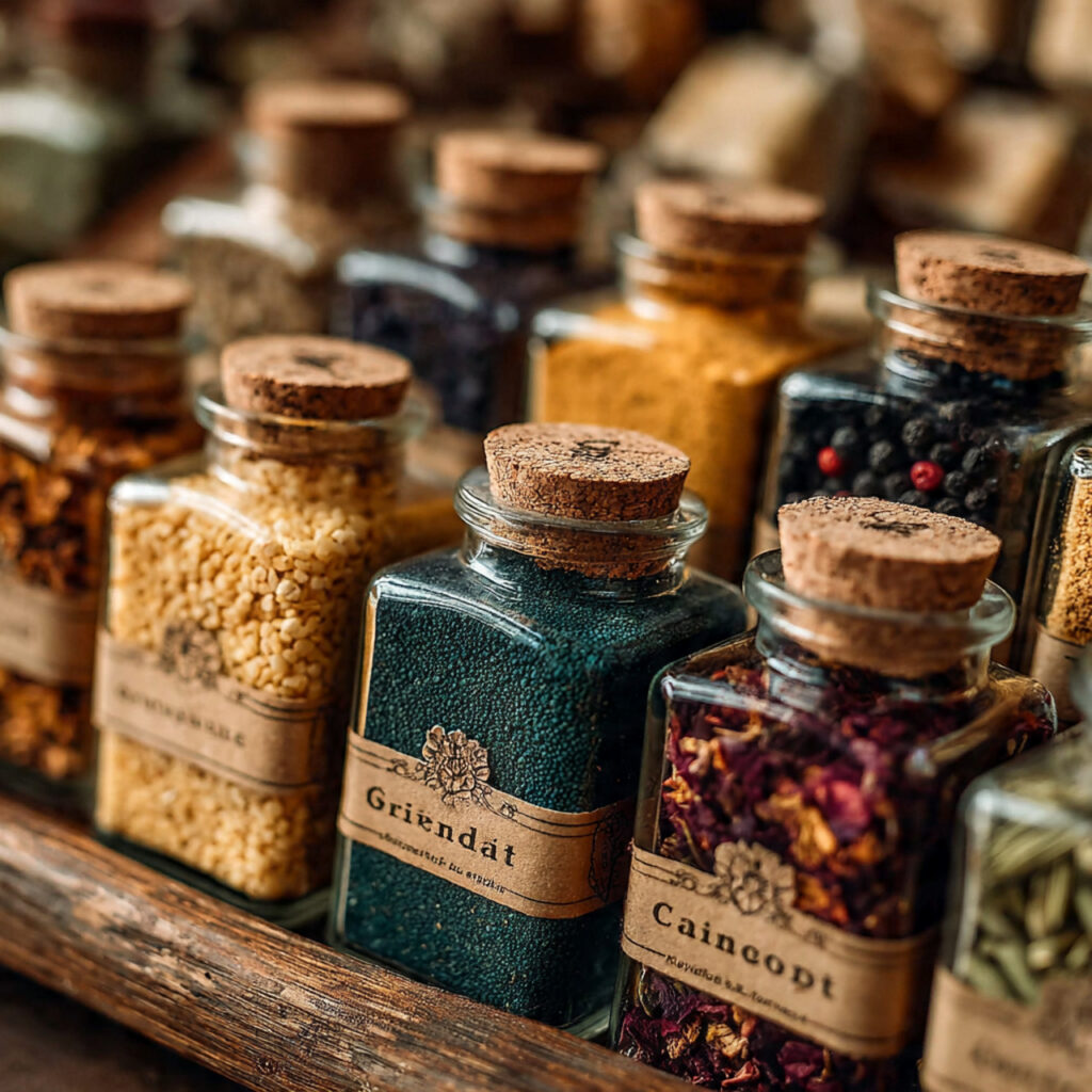 a flat lay photo of small glass spice