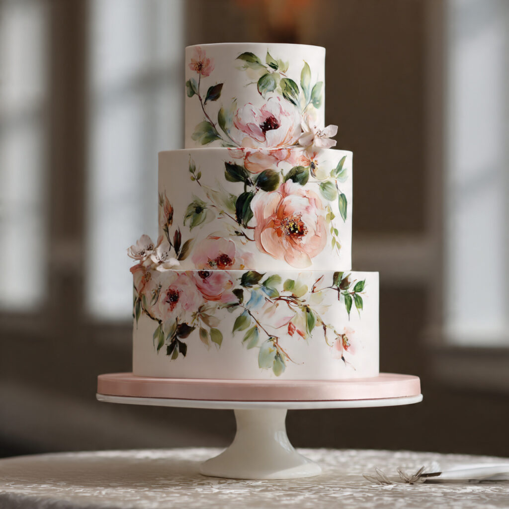 a fondant wedding cake featuring hand painted floral 1