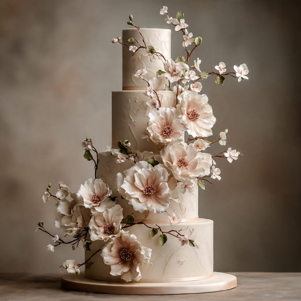 a luxury wedding cake decorated with realistic