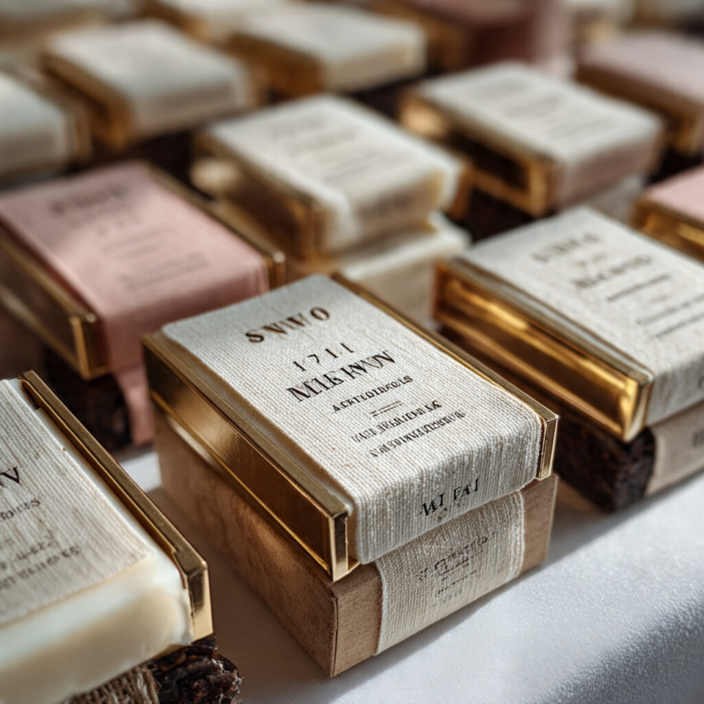 a minimal flat lay of custom wedding matchboxes