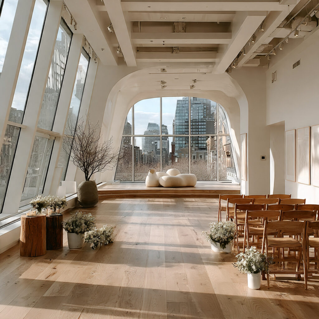 a minimalist wedding ceremony inside a modern