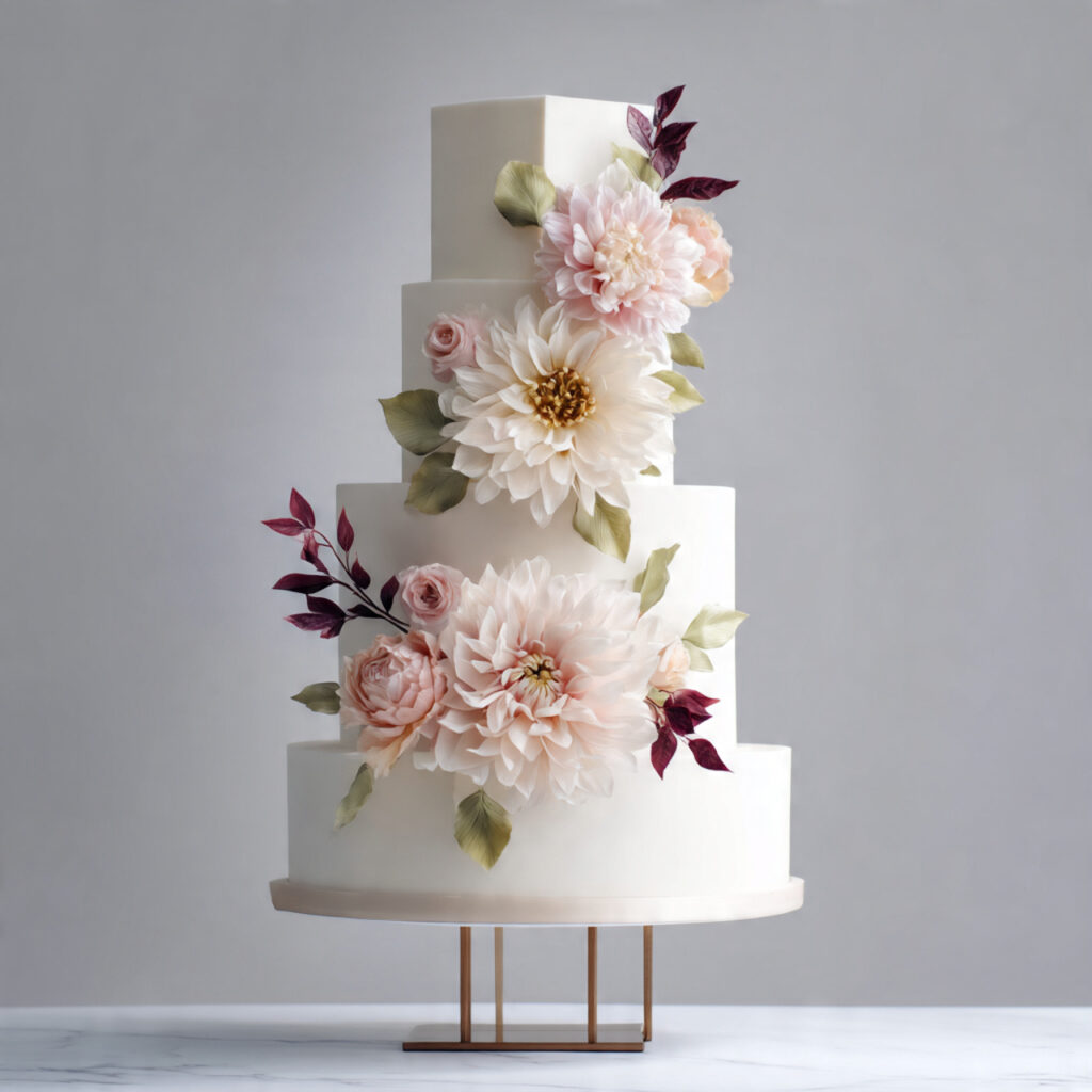 a modern wedding cake with flowers appearing