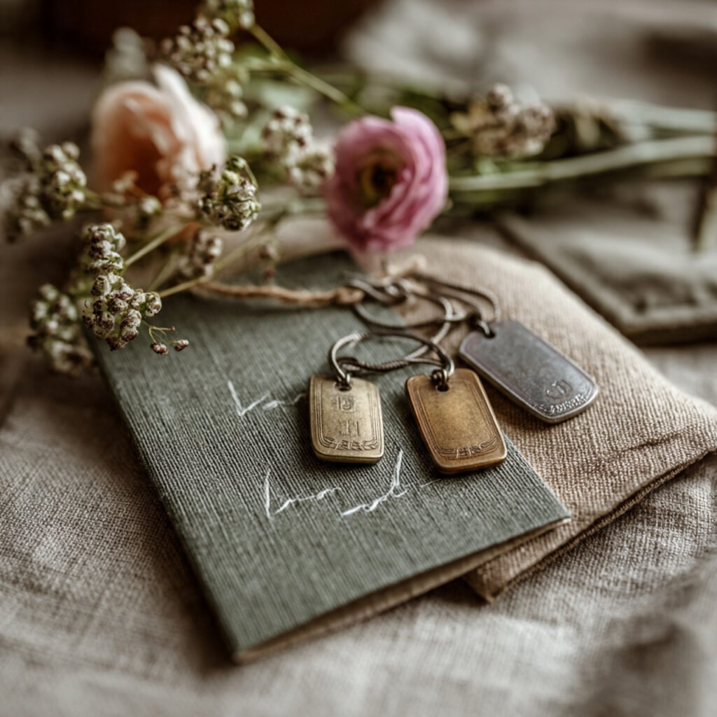 a respectful wedding card beside military dog