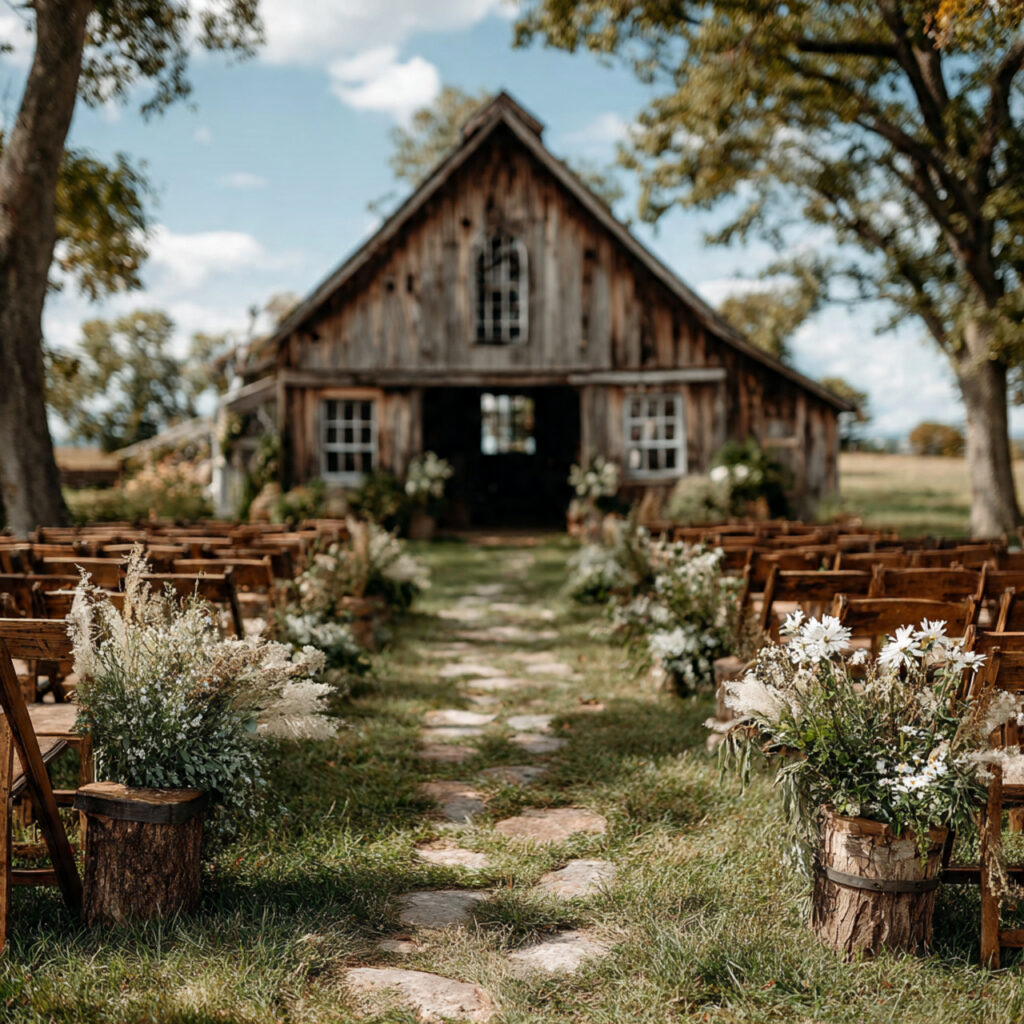 a rustic farm wedding ceremony with an