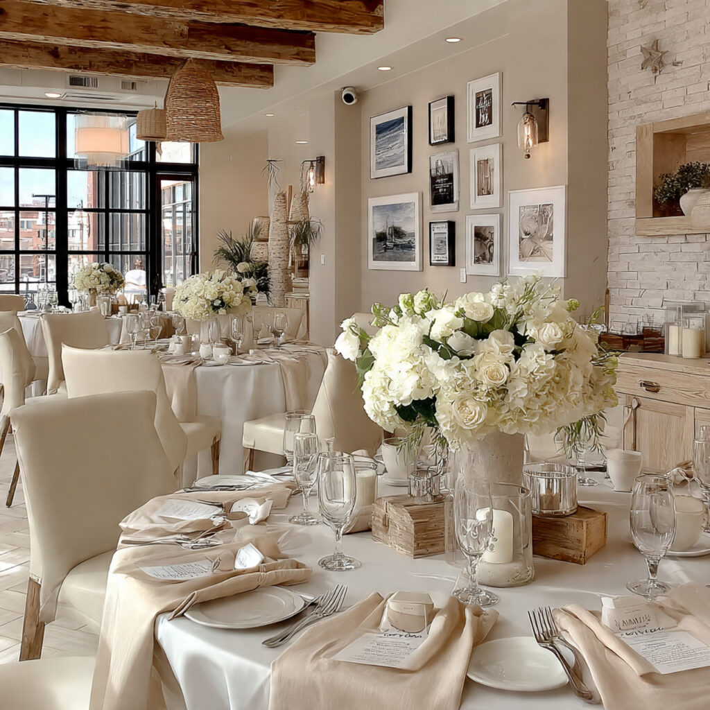 a small banquet room wedding reception with