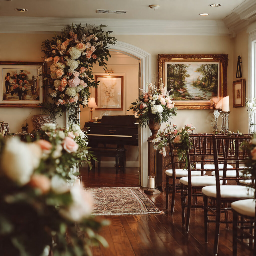 a small indoor wedding ceremony inside a