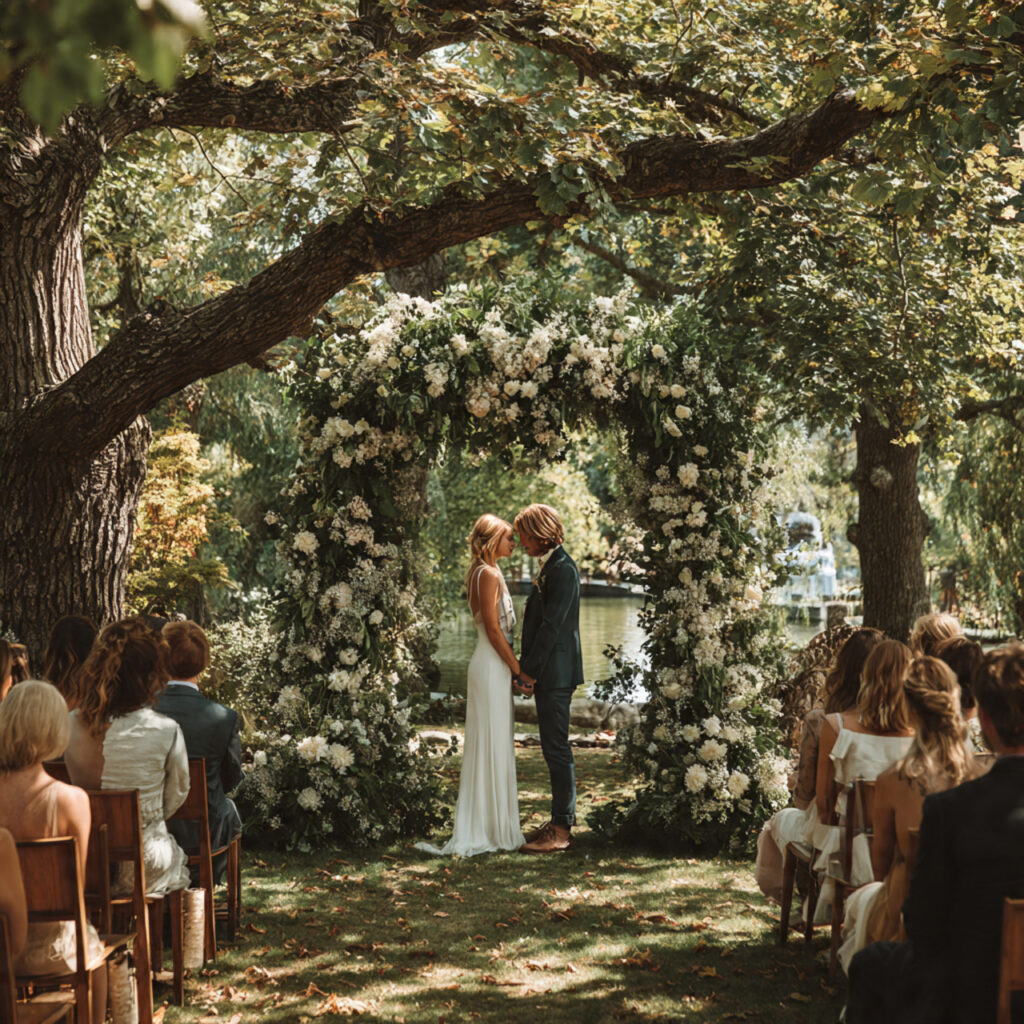 a small wedding ceremony in a green