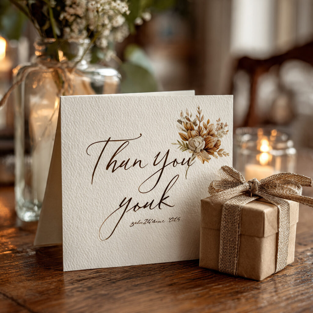 a thank you themed wedding card with warm