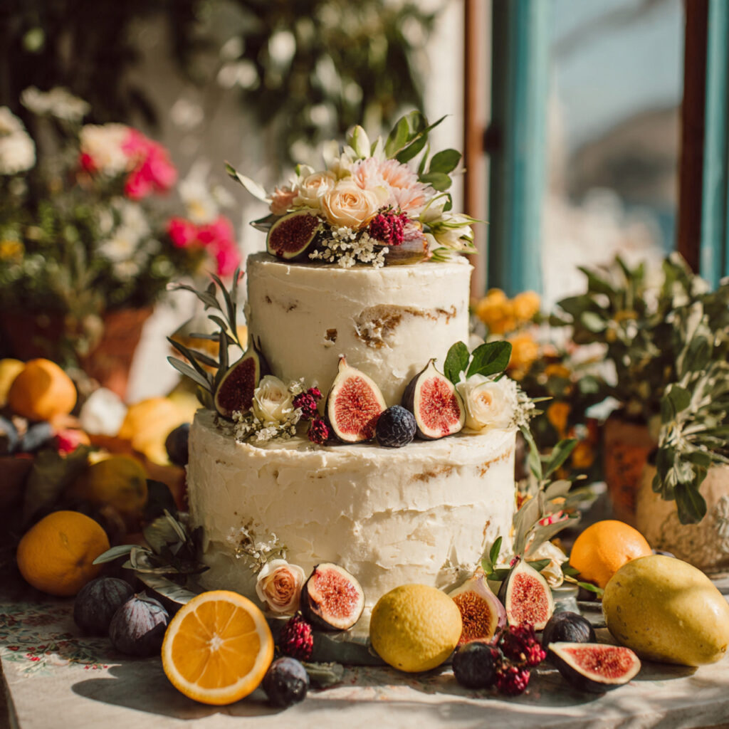a wedding cake decorated with fresh flowers 1