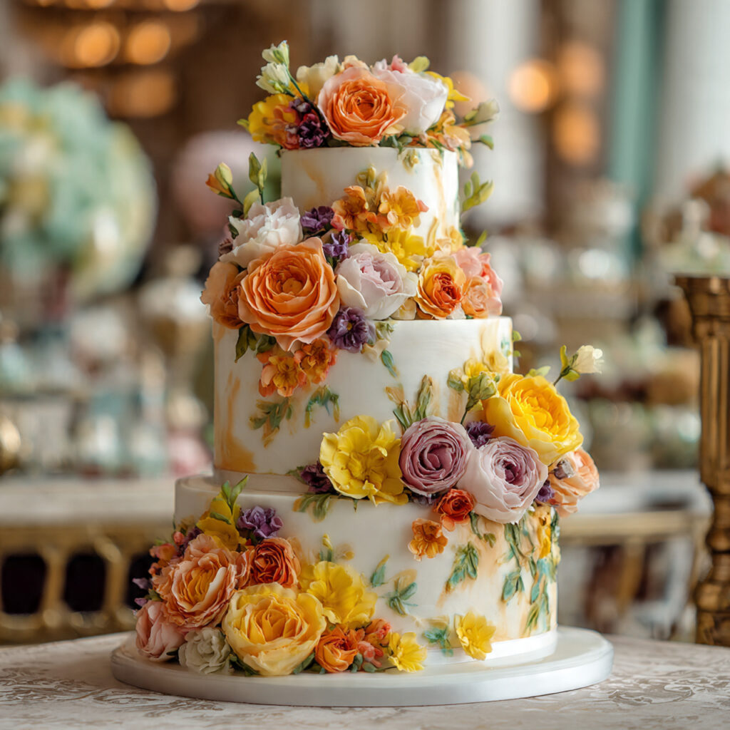 a wedding cake decorated with fresh seasonal 1