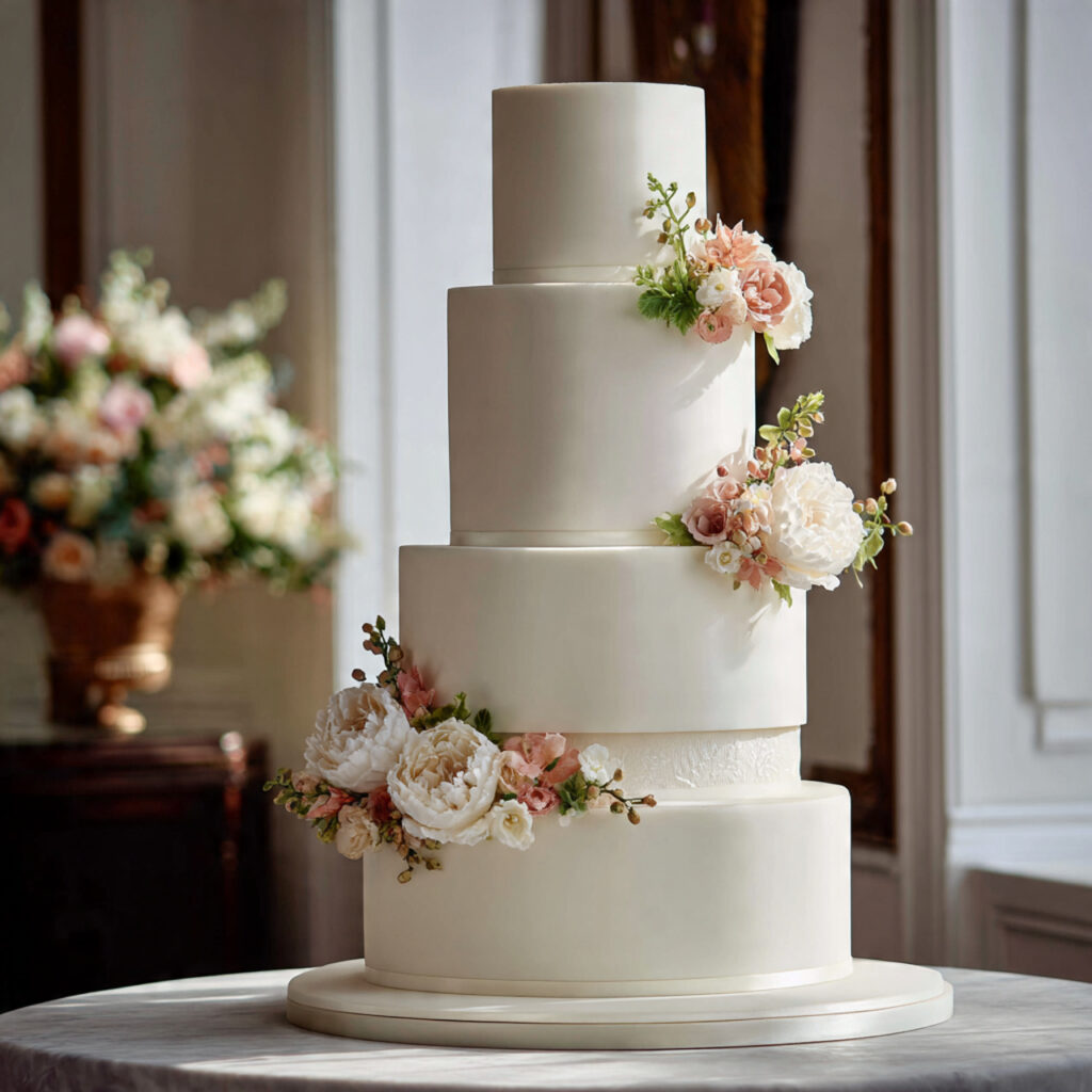 a wedding cake featuring uniform floral bands 1