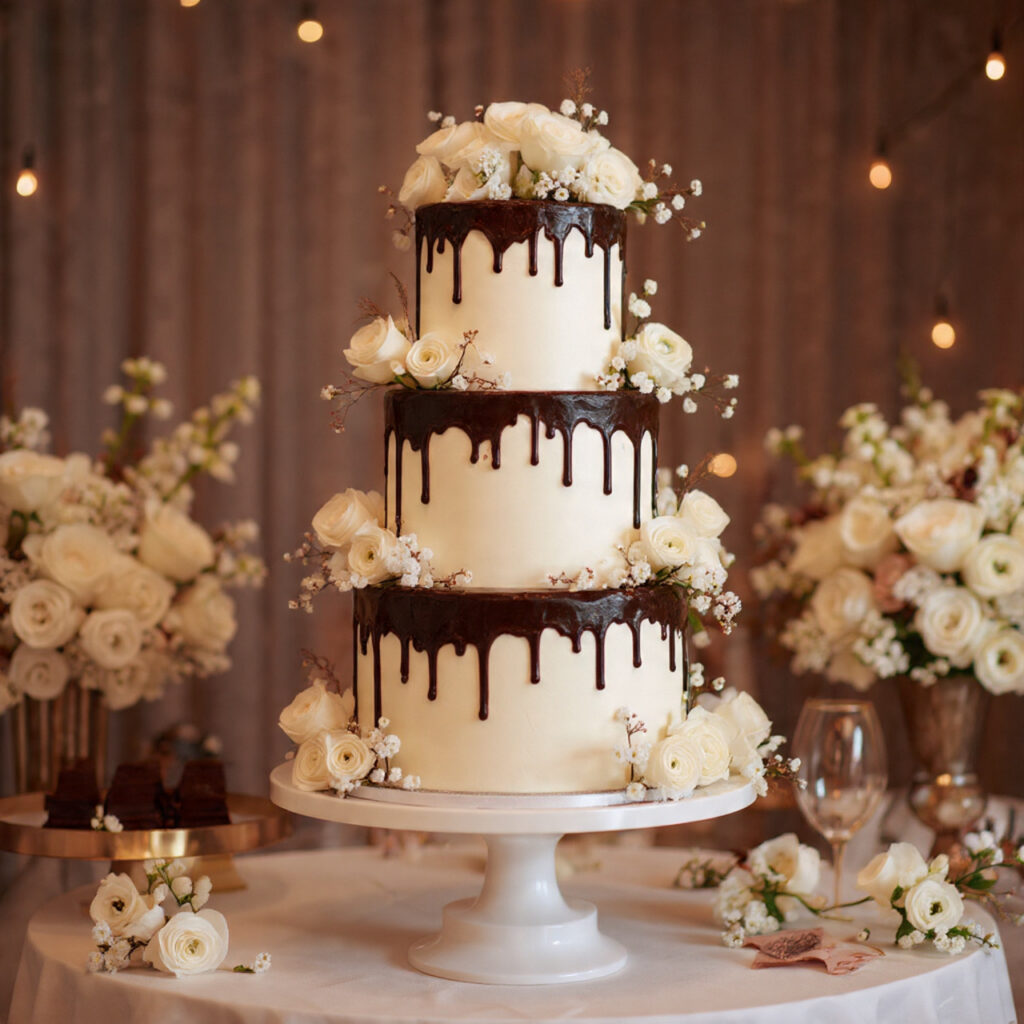a wedding cake heavily covered with lush