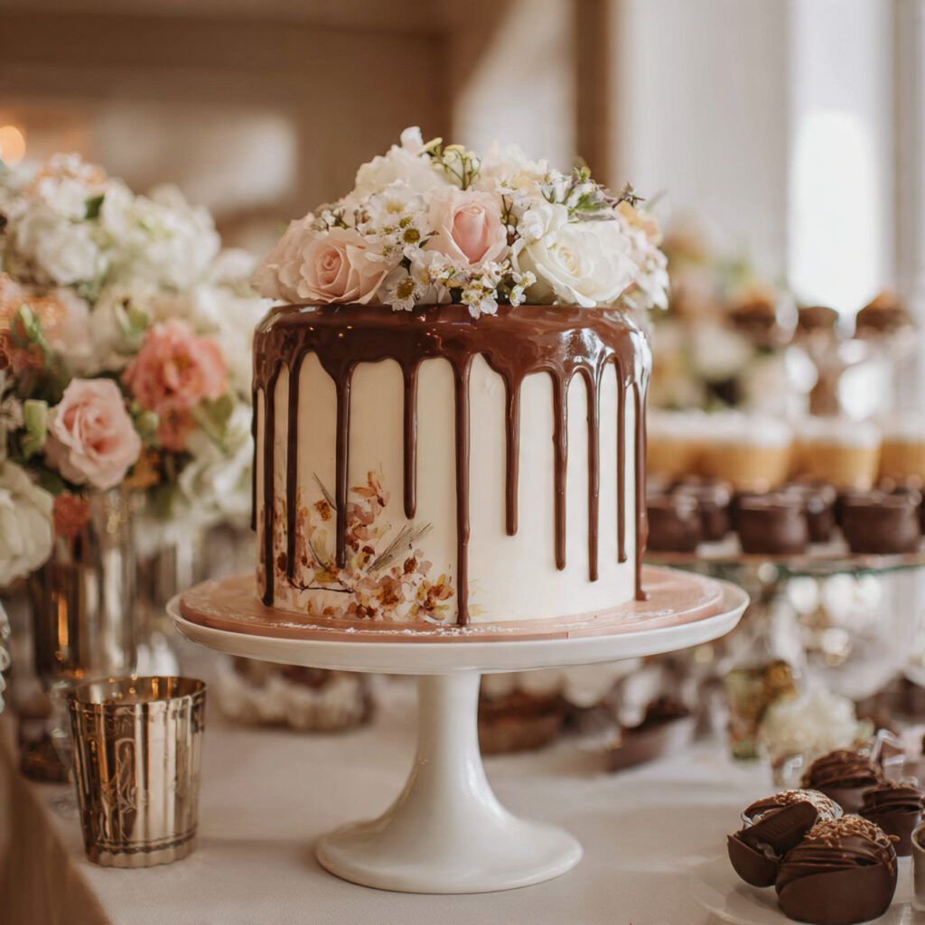 a wedding cake with elegant chocolate drip
