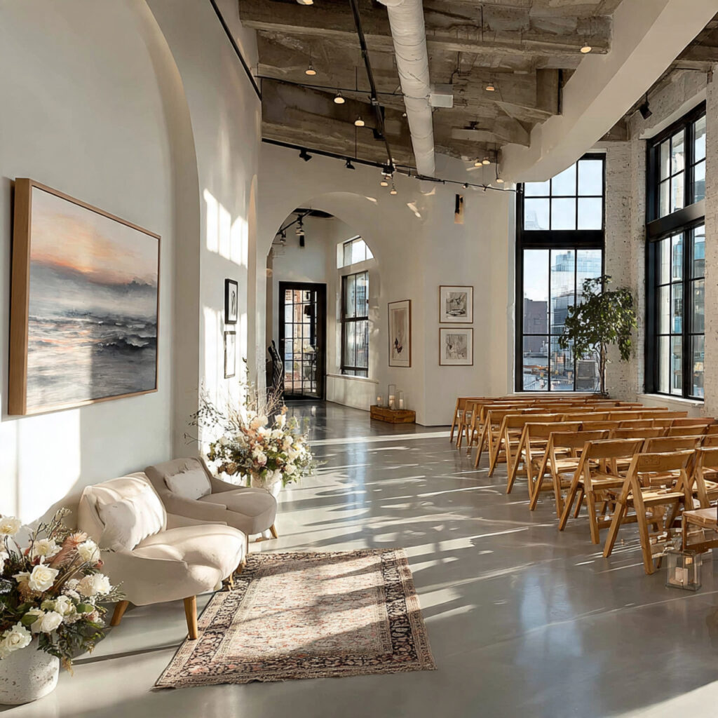 a wedding ceremony in a minimalist studio