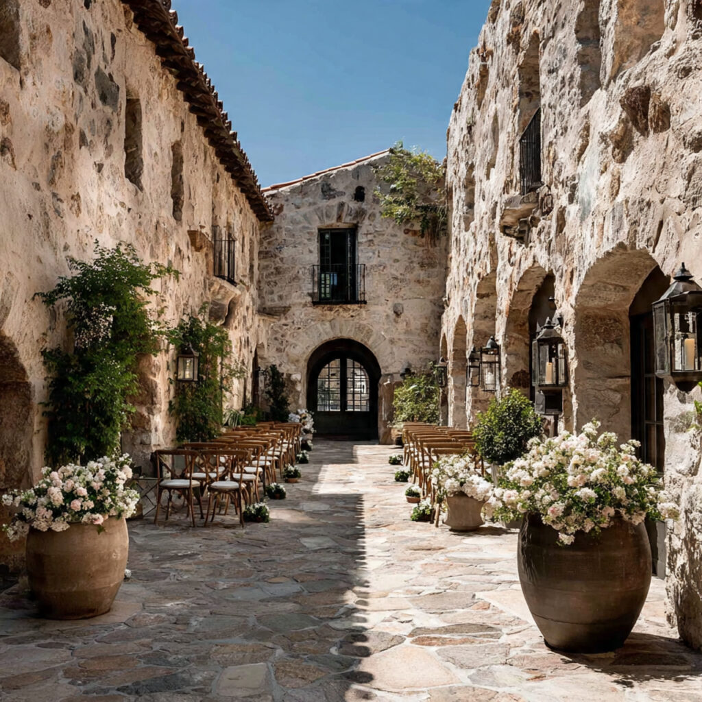 a wedding ceremony in a stone courtyard
