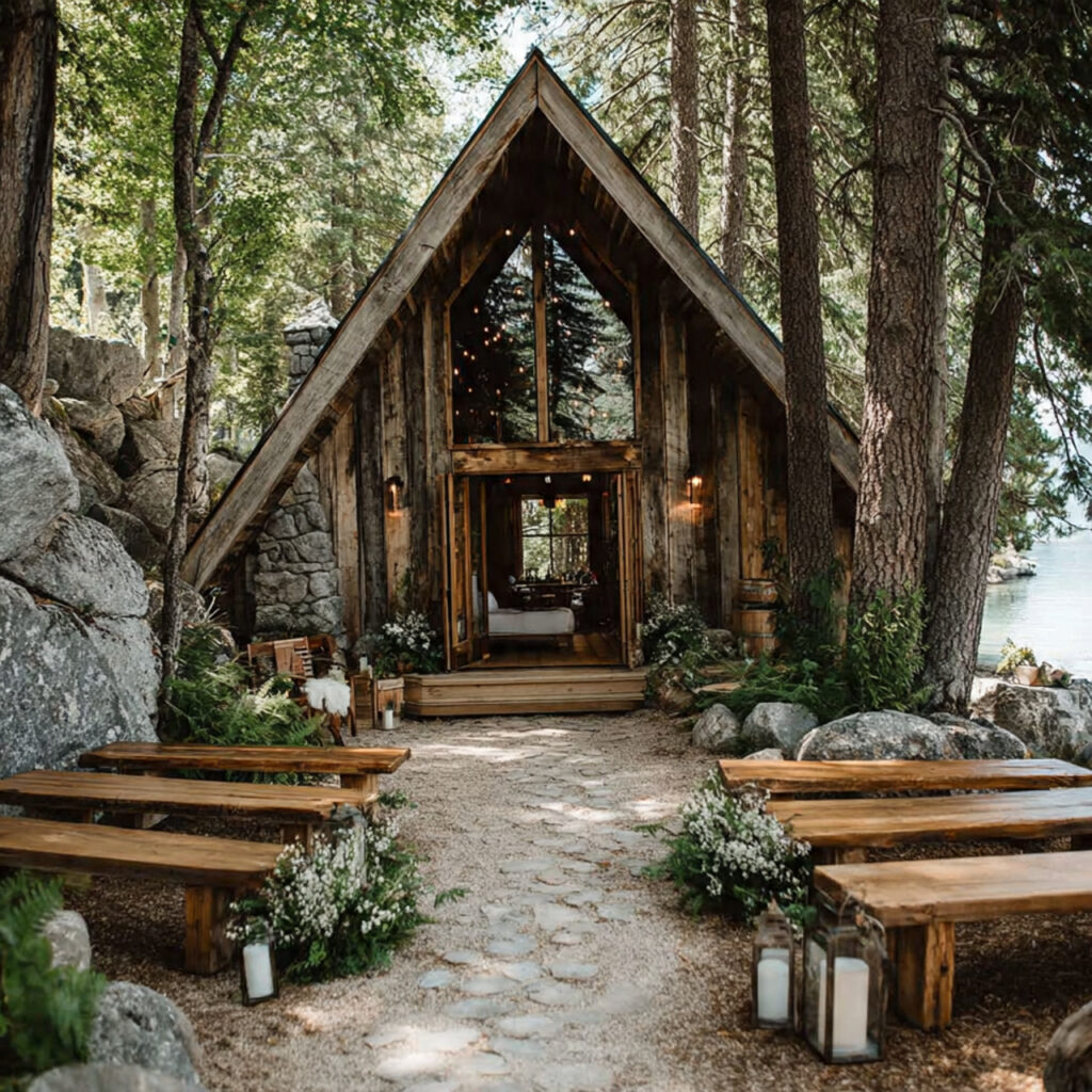 a wedding ceremony outside a mountain cabin