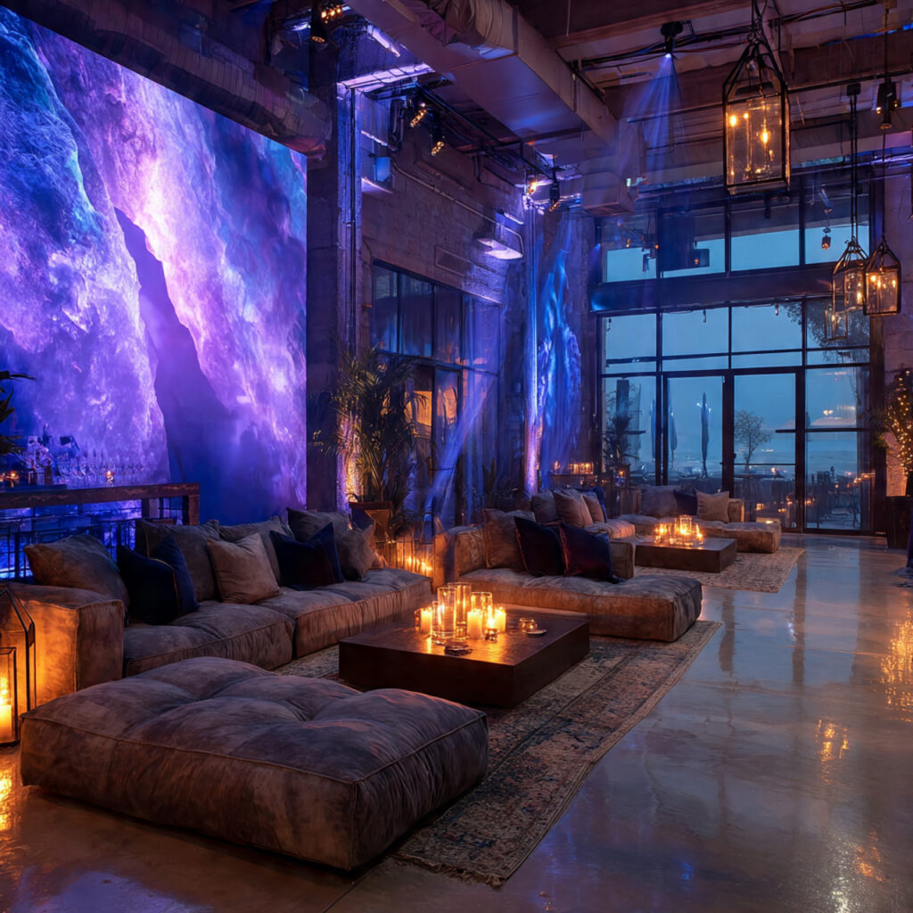 bachelor party decor with wall projection visuals