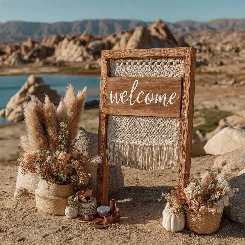 boho wedding welcome sign framed in intricate