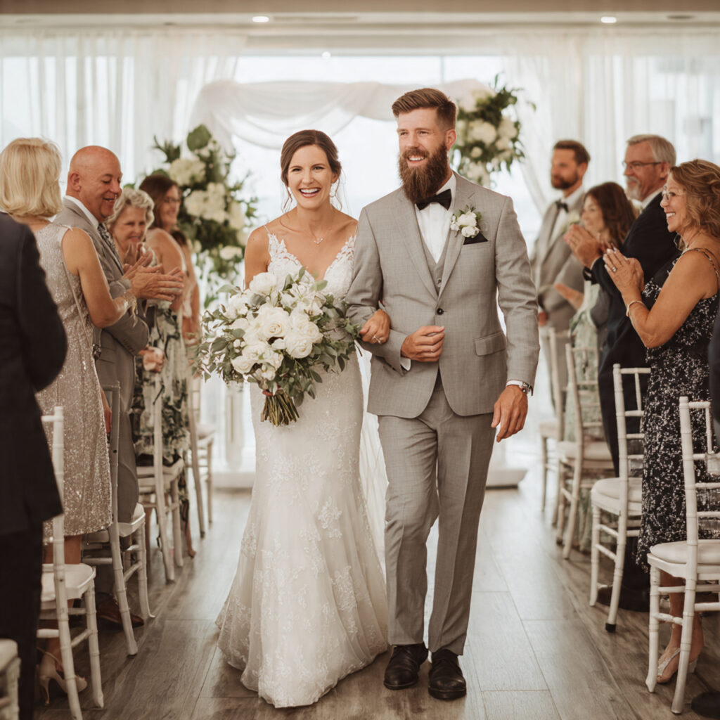 couple walking down aisle after ceremony joyful