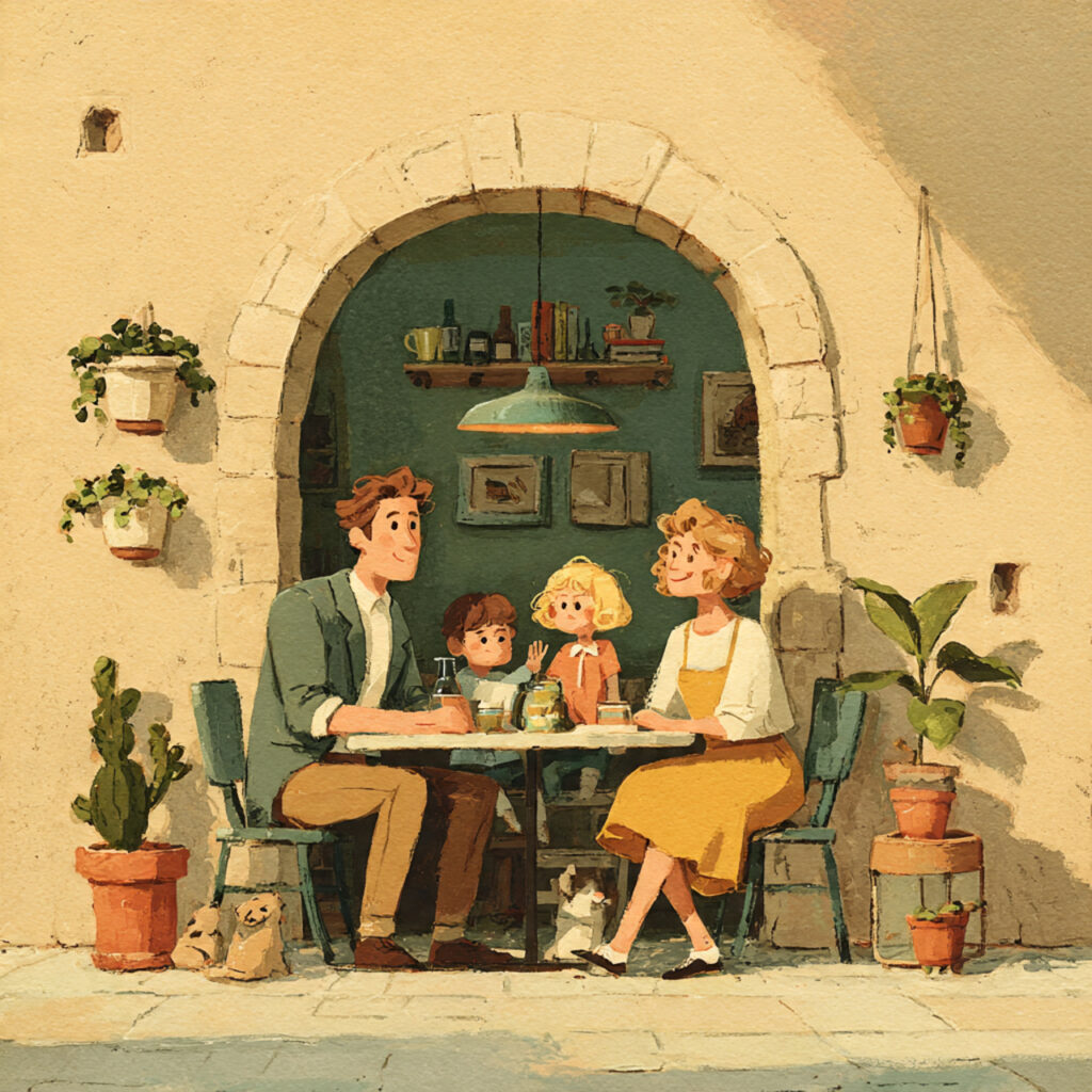 family centered anniversary card with gentle pastel illustrations