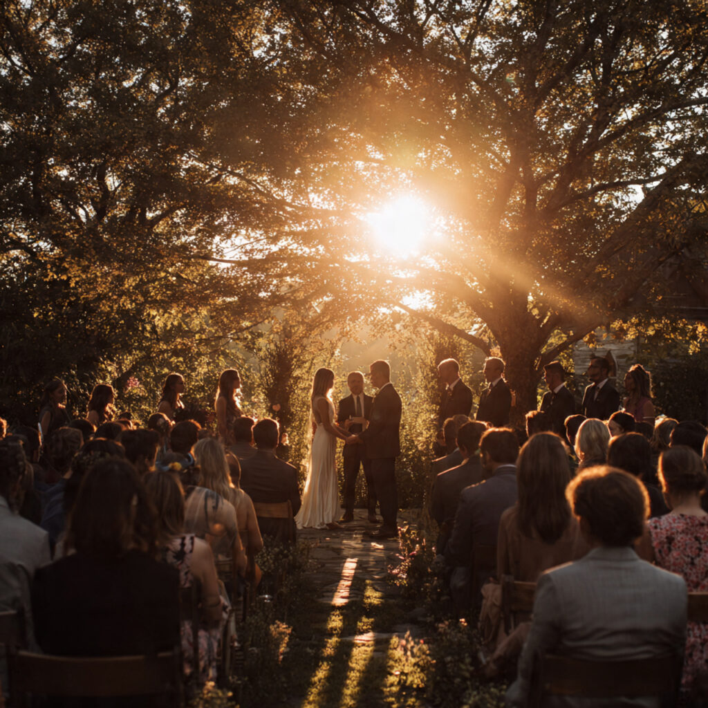 golden hour wedding ceremony warm sunlight soft