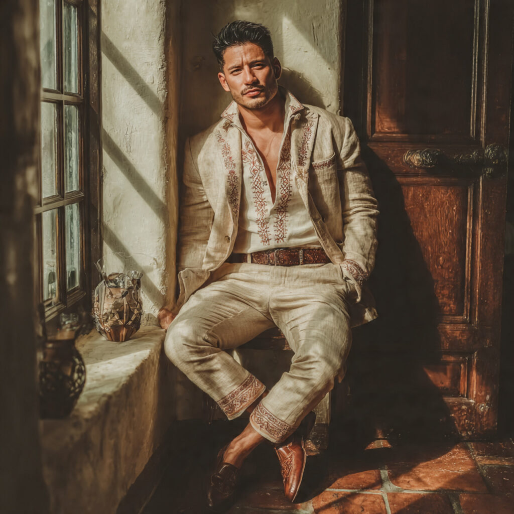groom in mexican inspired attire guayabera shirt linen