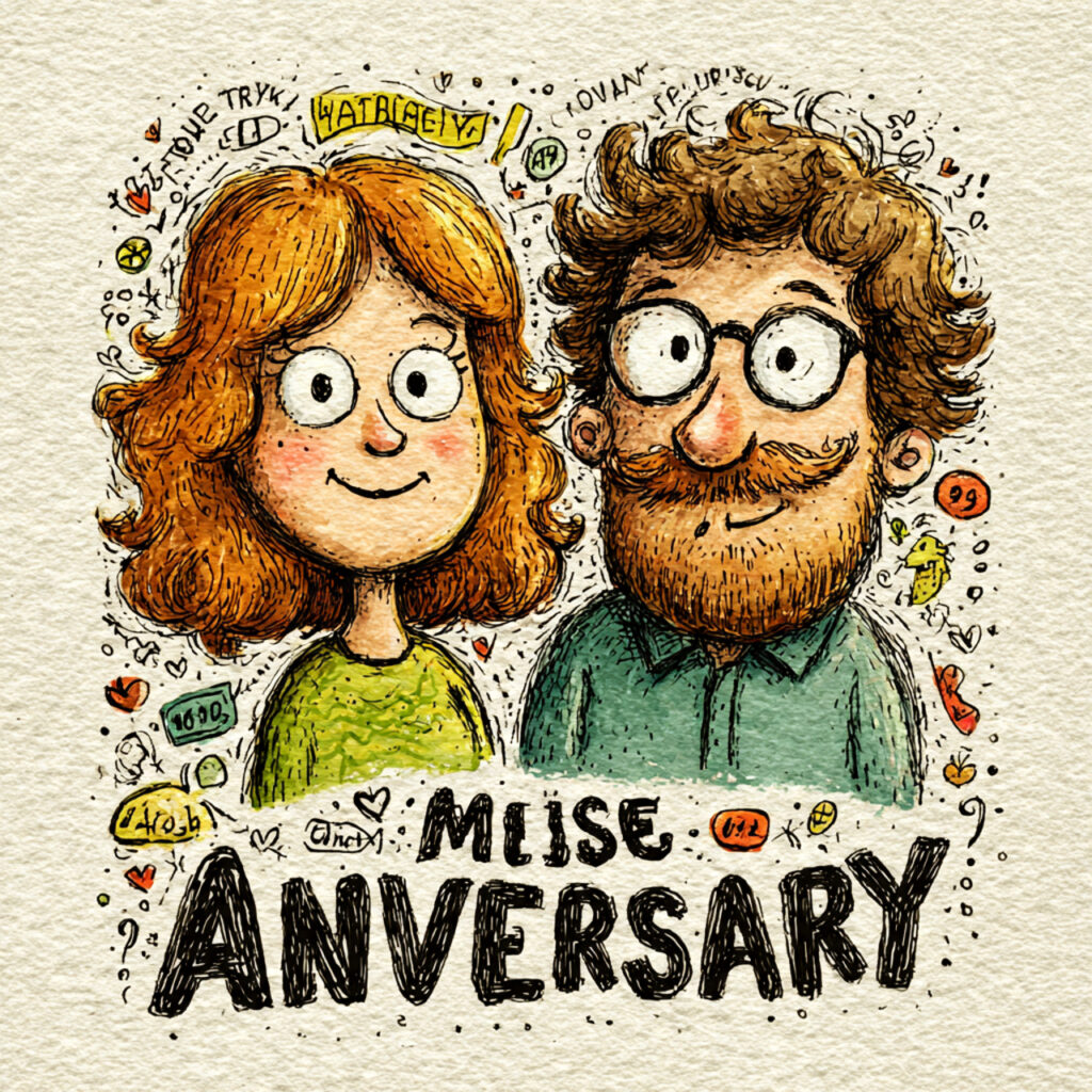 humorous anniversary card with playful doodles bright