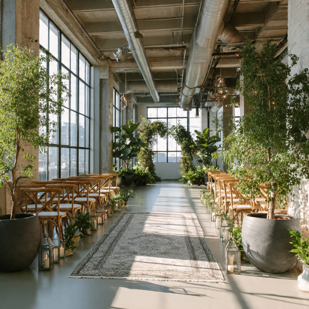 indoor wedding ceremony styled with greenery and