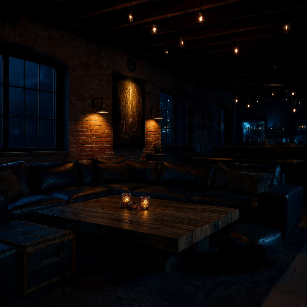 industrial style bachelor party decor with exposed brick 1