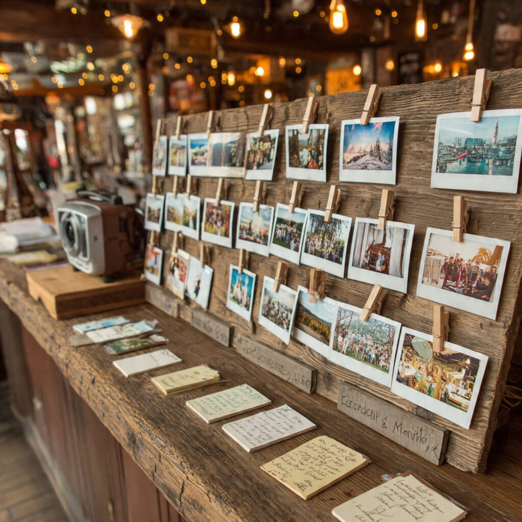 interactive wedding welcome display with polaroid camera
