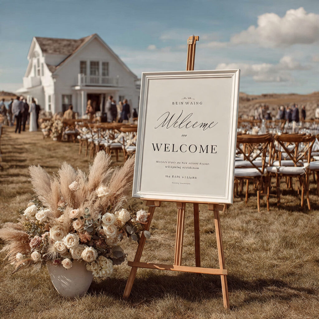 large scale wedding welcome sign standing in open