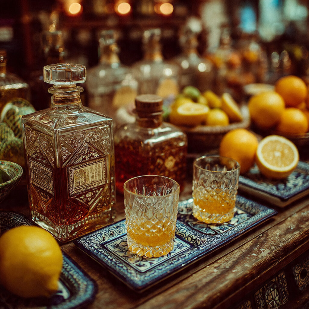 mexican wedding bar setup with mezcal and