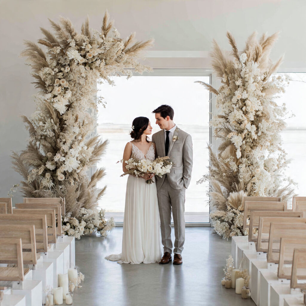 minimalist wedding altar with clean lines neutral