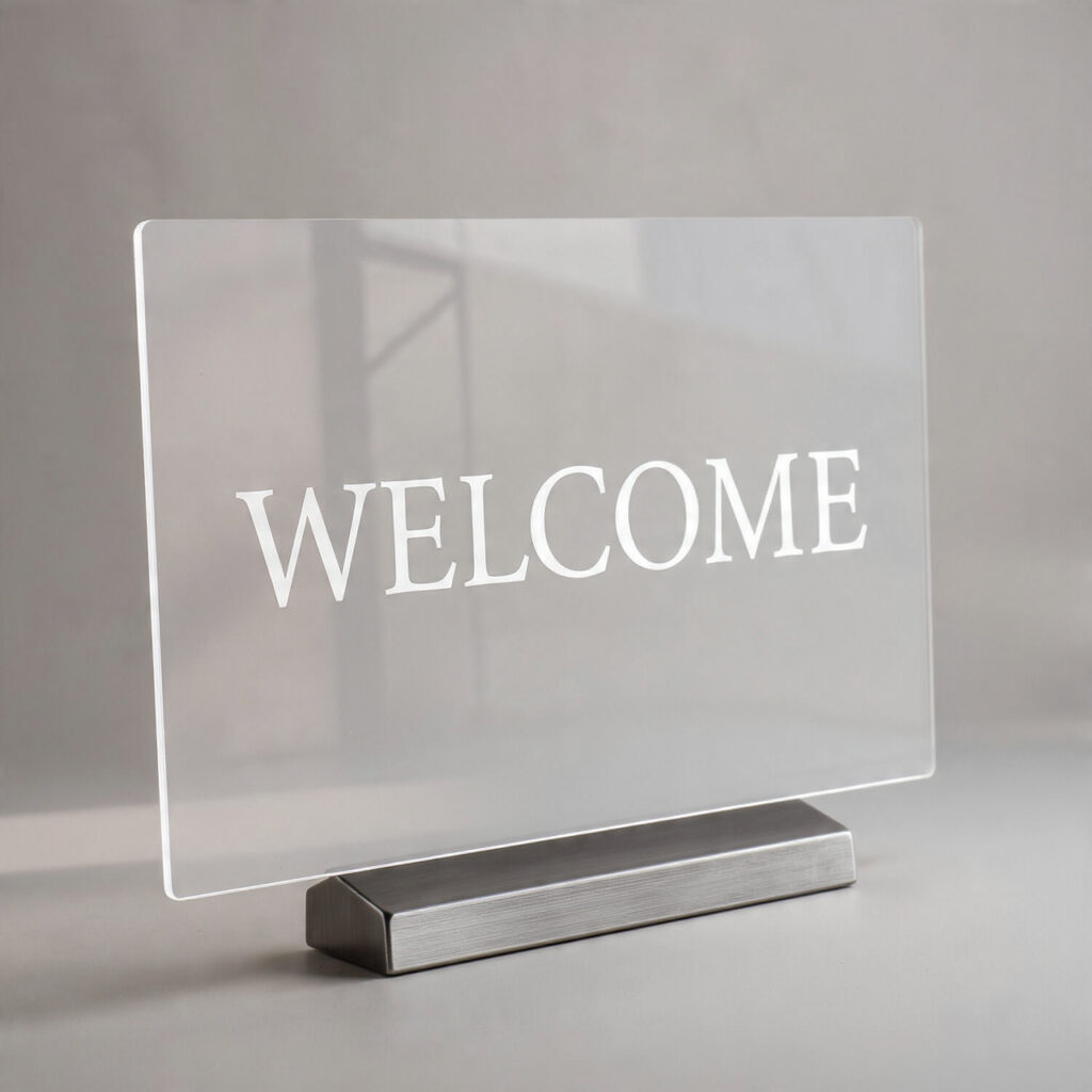 minimalist wedding welcome sign made of frosted