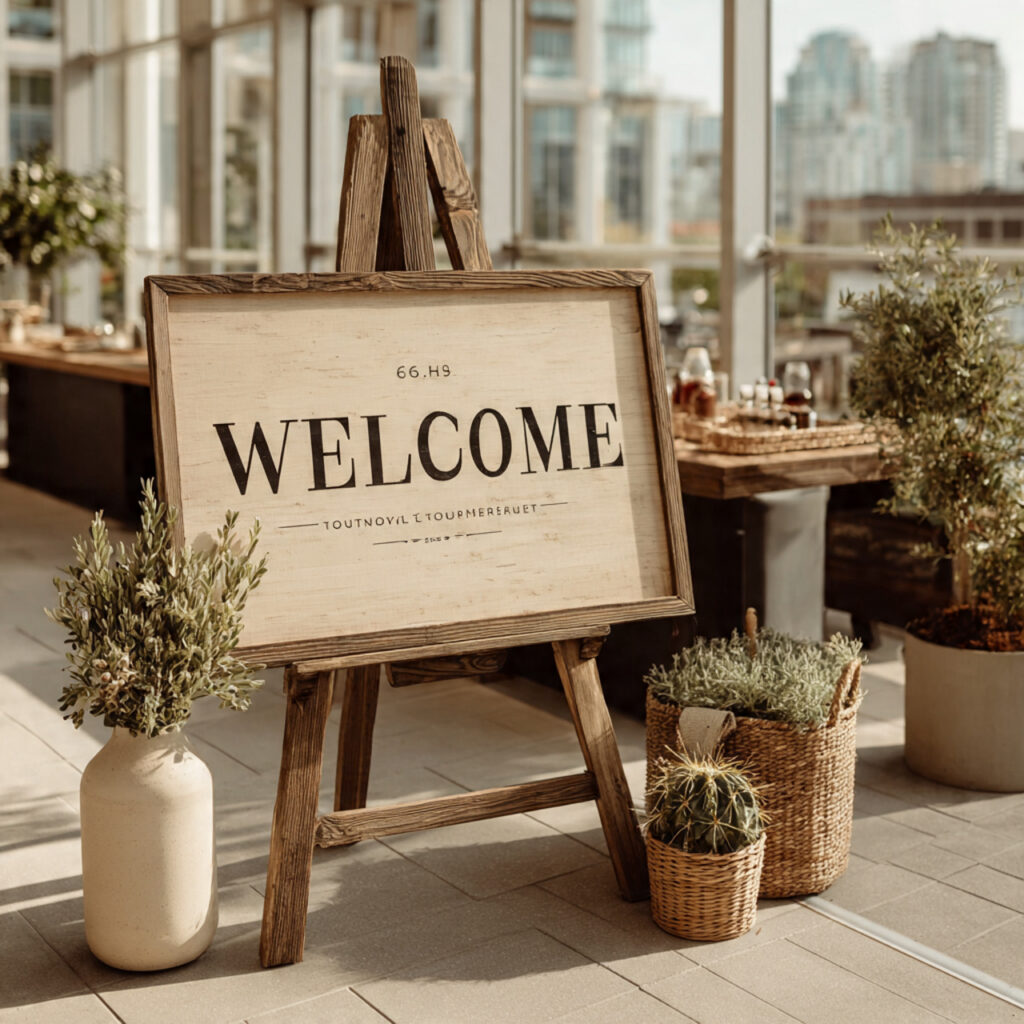 modern wedding welcome sign using bold typography