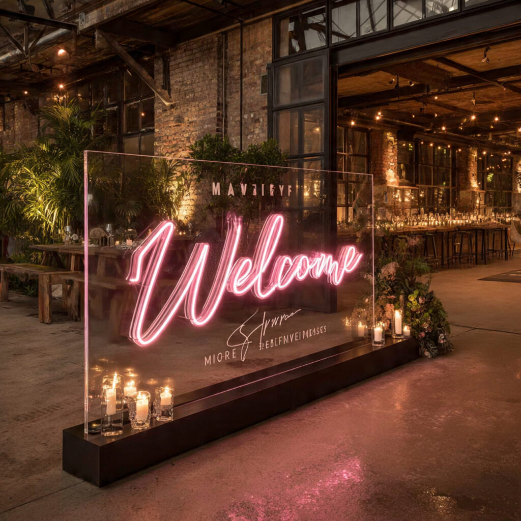 modern wedding welcome sign with glowing neon