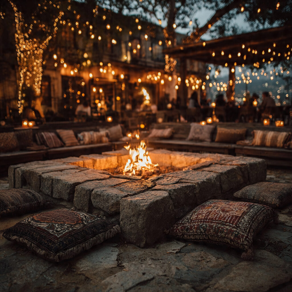 outdoor bachelor party decor with fire pit