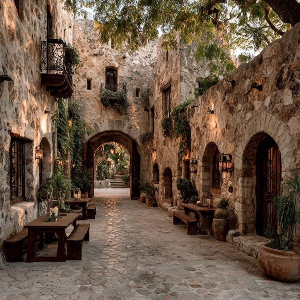 outdoor courtyard of a rustic mexican hacienda