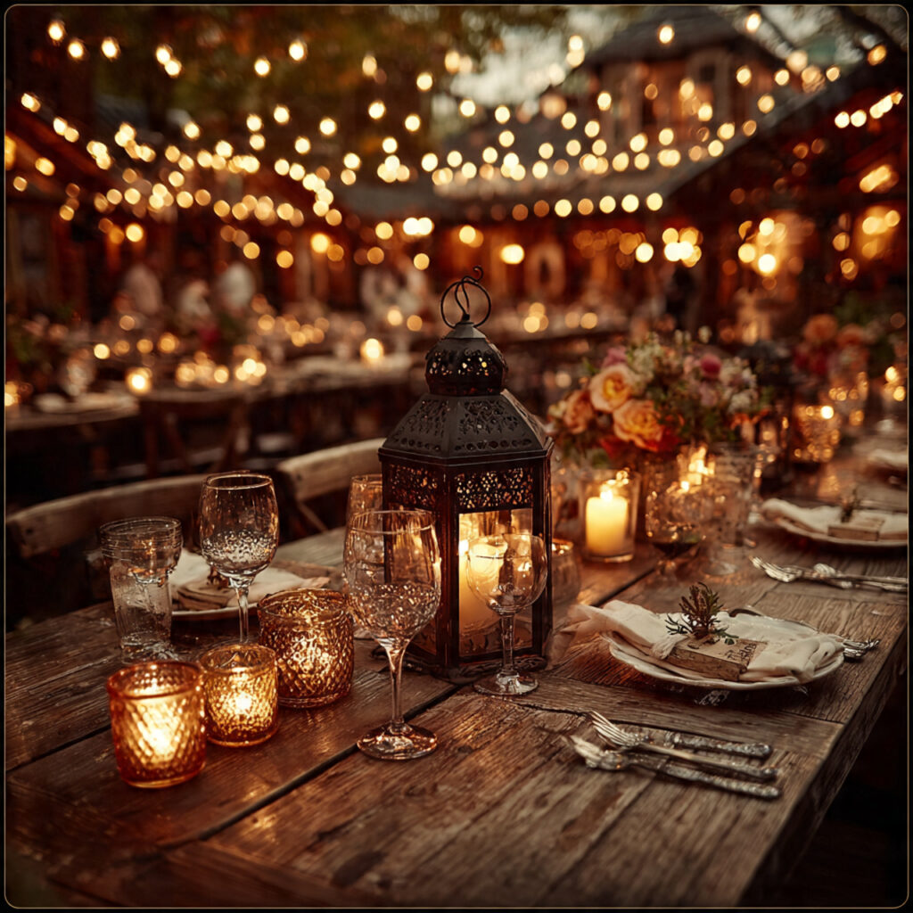 outdoor wedding reception with warm string lights