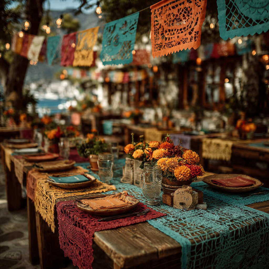 outdoor wedding with colorful papel picado banners