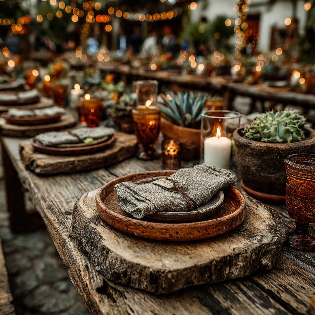rustic wedding tables with earthy mexican tableware