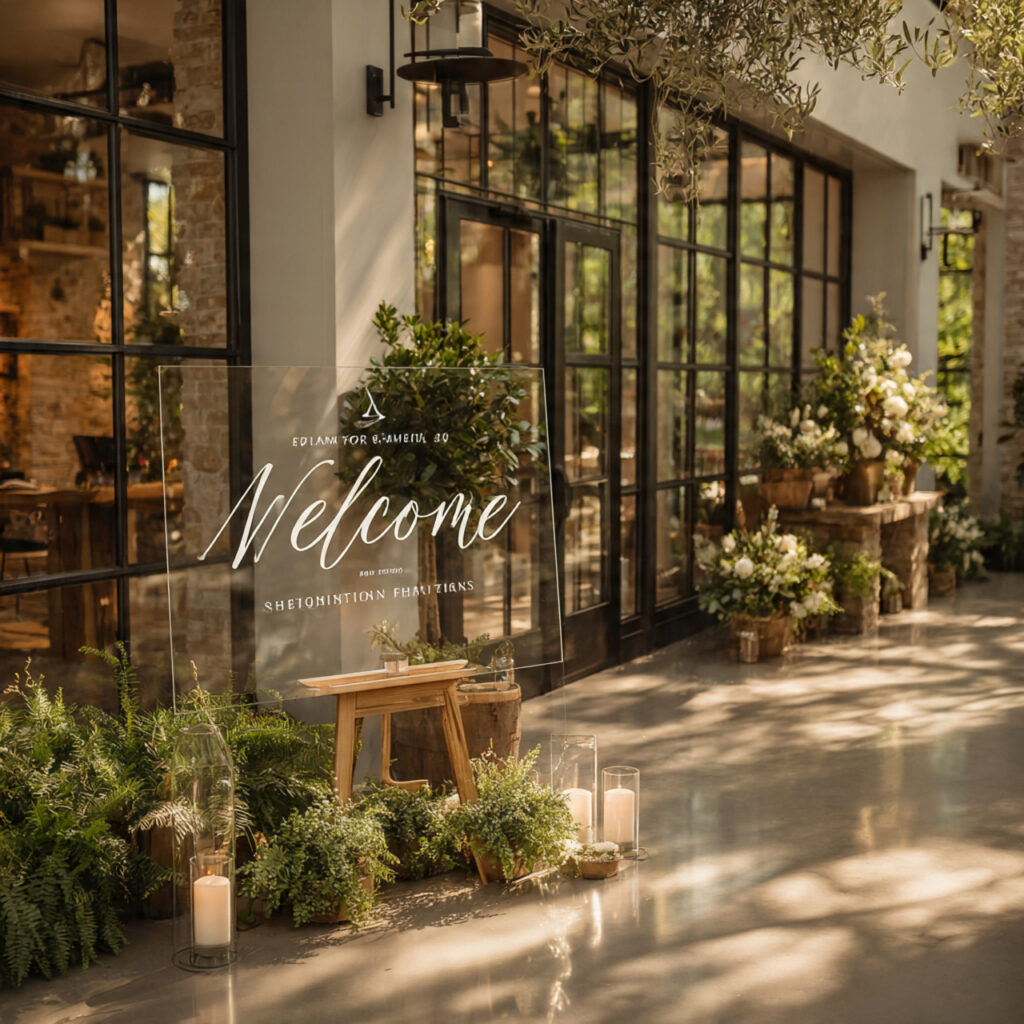 transparent glass wedding welcome sign with metallic