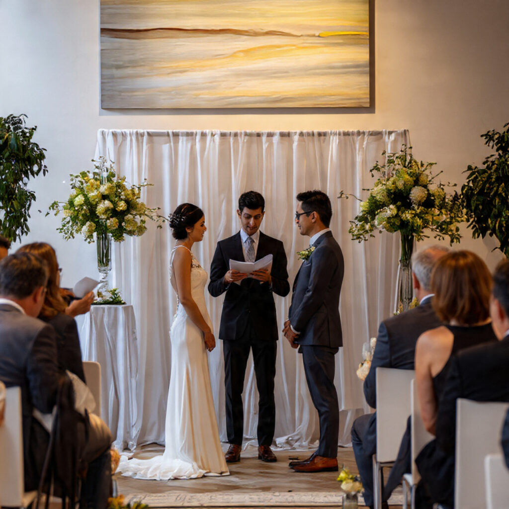wedding ceremony in progress with officiant standing