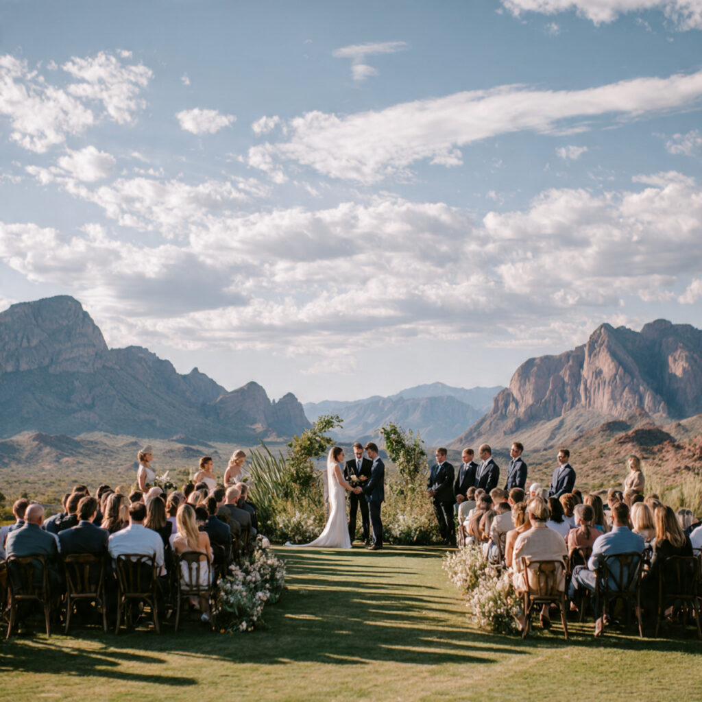 wedding ceremony set against open landscape mountains