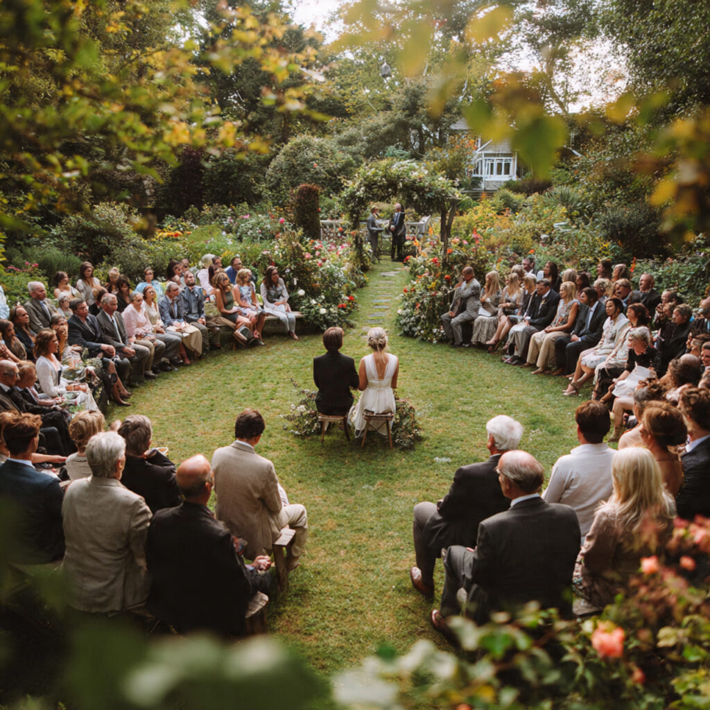 wedding ceremony with circular guest seating around