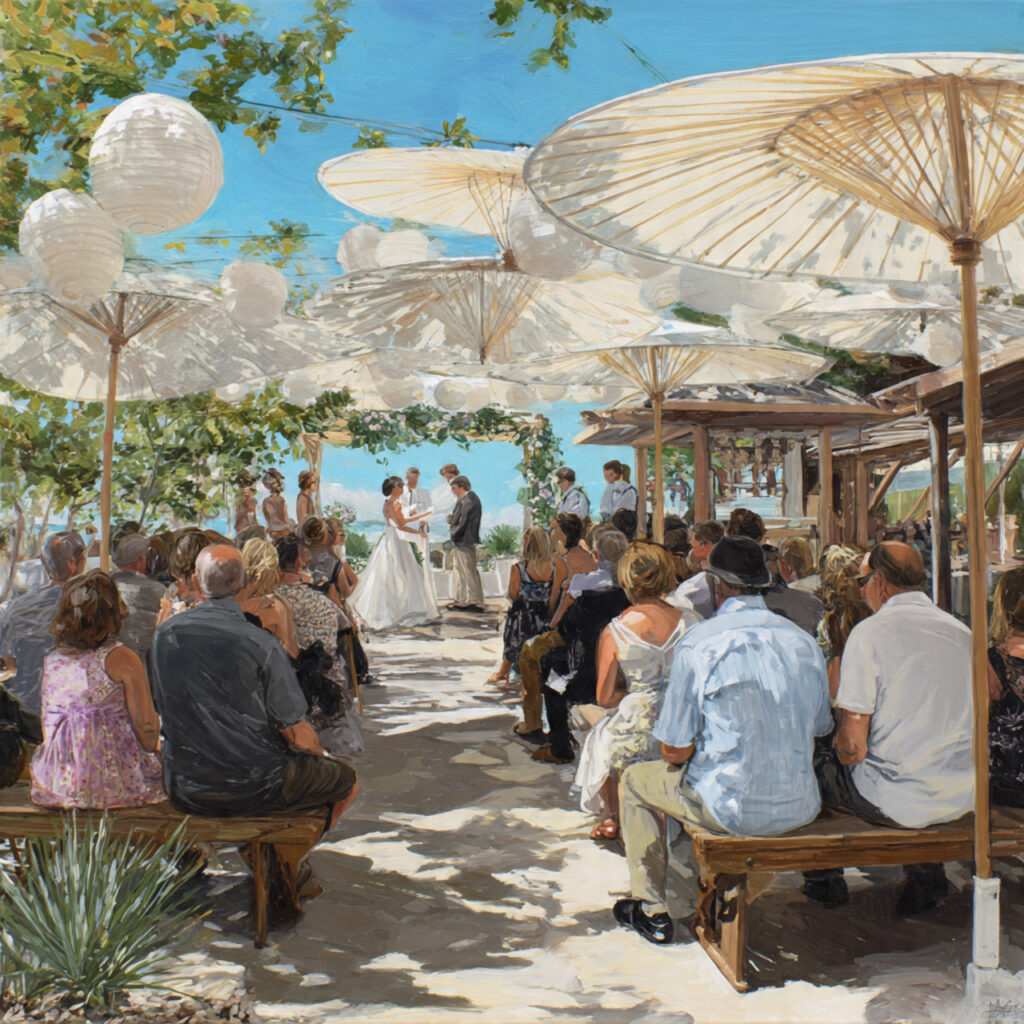 wedding ceremony with shaded seating fans and