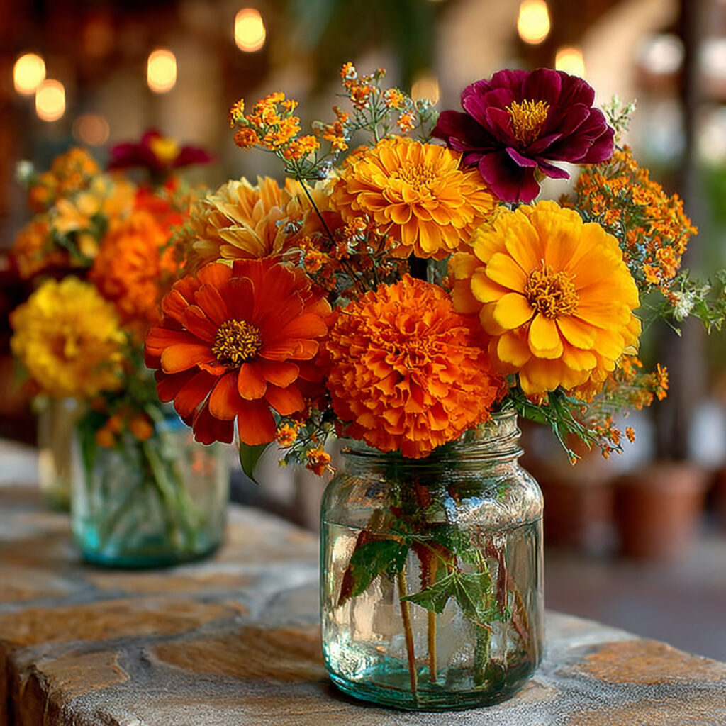 wedding floral arrangement dominated by bright marigolds