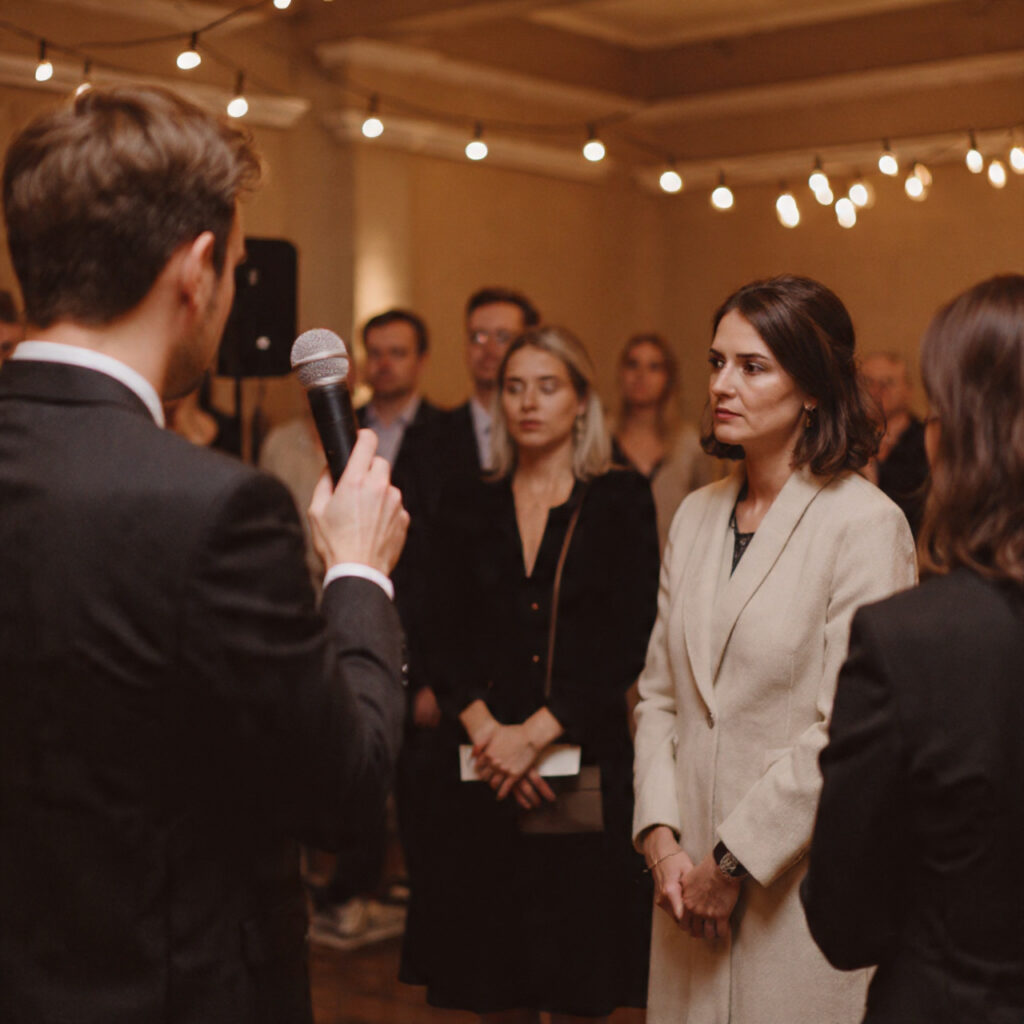 wedding guests standing quietly with couple during 1
